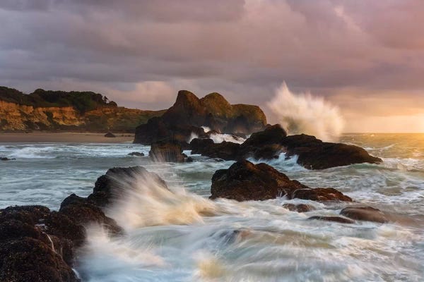 Sheila Haddad: Large Waves Crashing Against The Sea Stacks Along The Beach Of Seal Rock by Sheila Haddad