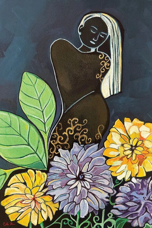 Woman With Yellow And Purple Flowers