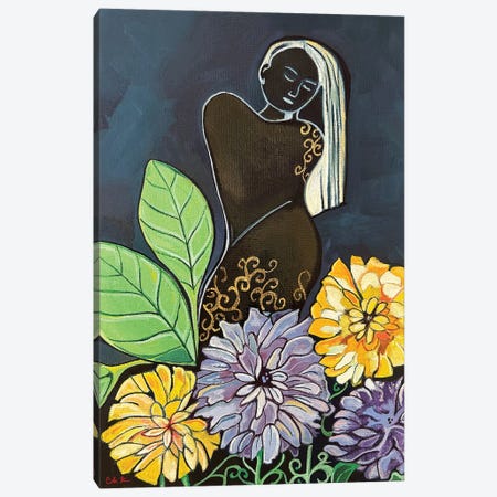 Woman With Yellow And Purple Flowers Canvas Print #HDH10} by Hidden Hale Canvas Art