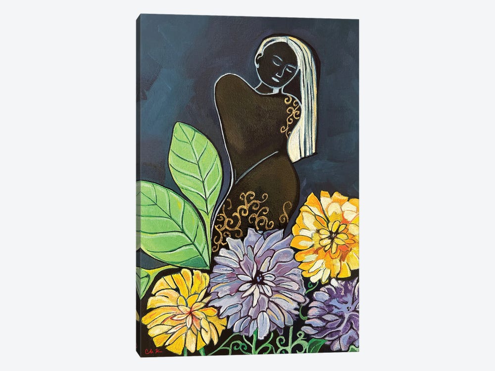 Woman With Yellow And Purple Flowers by Hidden Hale 1-piece Canvas Wall Art