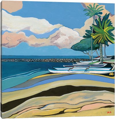 Canoes On A Beach In Waikiki Canvas Art Print - Canoe Art