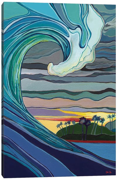 Colorful Ocean Wave At Sunset Canvas Art Print - Lake & Ocean Sunrise & Sunset Art