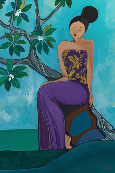 Woman In Purple Sitting Under A Plumeria Tree by Hidden Hale art print