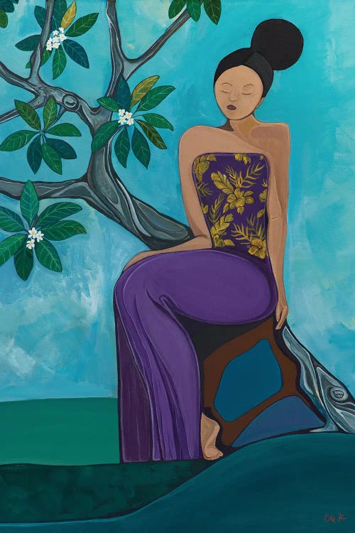 Woman In Purple Sitting Under A Plumeria Tree