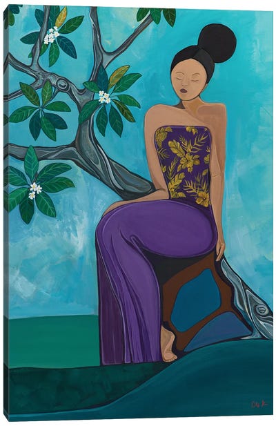 Woman In Purple Sitting Under A Plumeria Tree Canvas Art Print - Hidden Hale