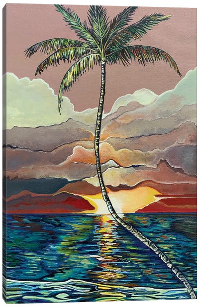 Palm With A Purple Sky Canvas Art Print - Tropical Beach Art