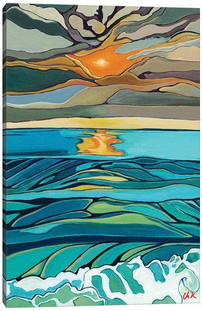 Orange Setting Sun Over Rolling Waves Canvas Art Print - Hidden Hale