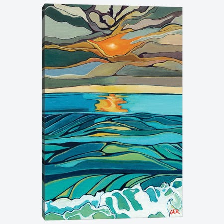 Orange Setting Sun Over Rolling Waves Canvas Print #HDH3} by Hidden Hale Canvas Artwork