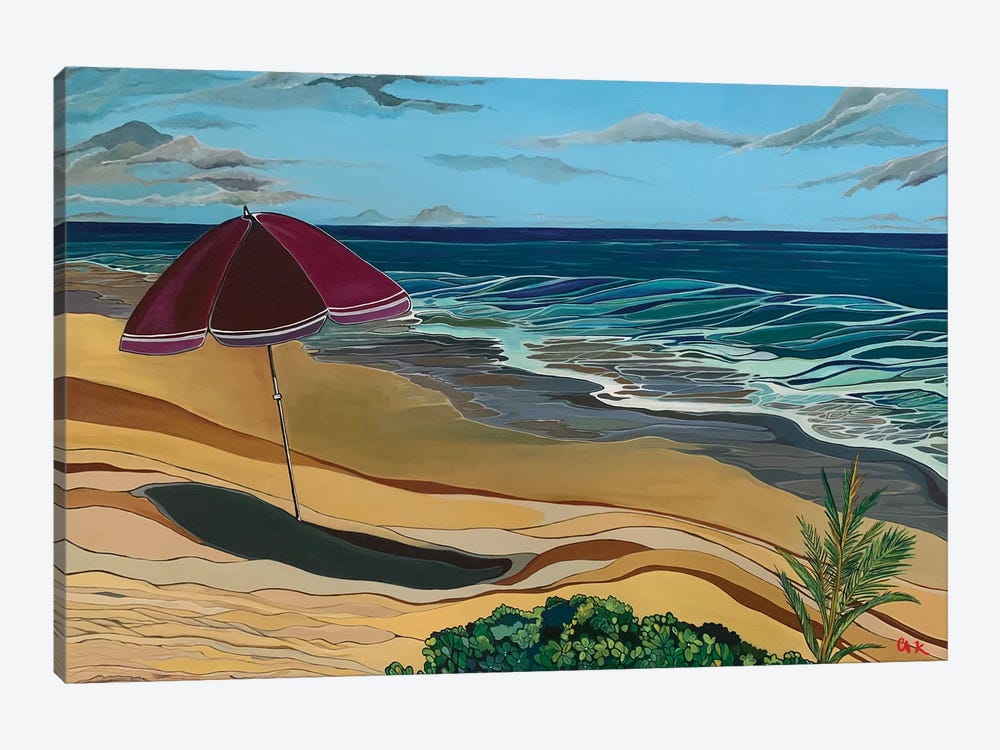 Red Umbrella On A White Sand Beach by Hidden Hale 1-piece Canvas Wall Art