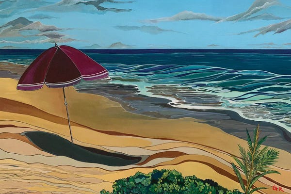 On Island Time: Red Umbrella On A White Sand Beach by Hidden Hale