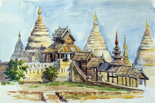 Pagodas: Bagan Wooden Buddhist Temple by CountessArt