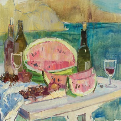 Juicy Watermelon And See Of Red Wine by CountessArt framed canvas print