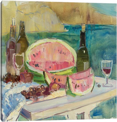 Juicy Watermelon And See Of Red Wine Canvas Art Print - Melon Art