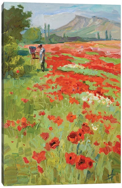 Pleinair On The Poppy Field Canvas Art Print - Plein Air Paintings