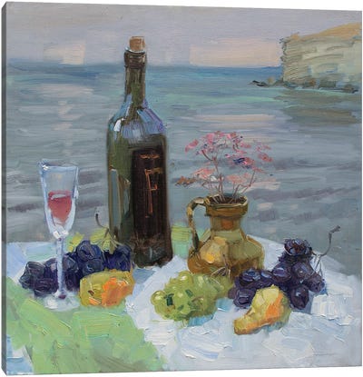 Still Life With Bottle Of Red Wine And Fruits Canvas Art Print - CountessArt