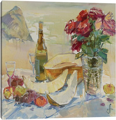 Still Life With Roses On The Beach II Canvas Art Print - CountessArt