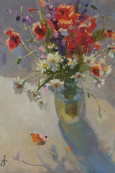 CountessArt: Field Poppy Camomile Still Life by CountessArt