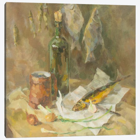 Smoked Fish And Bottle Of Wine Still-Life Canvas Print #HDV380} by CountessArt Canvas Artwork