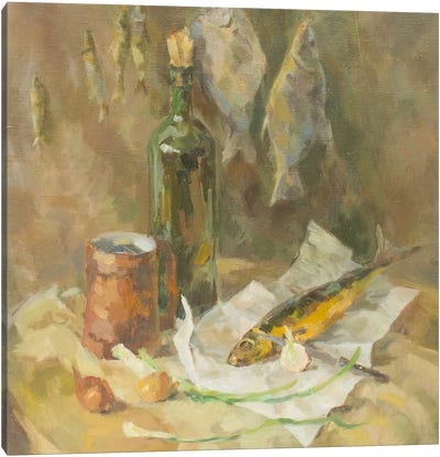 Smoked Fish And Bottle Of Wine Still-Life Canvas Art Print - Tan Art