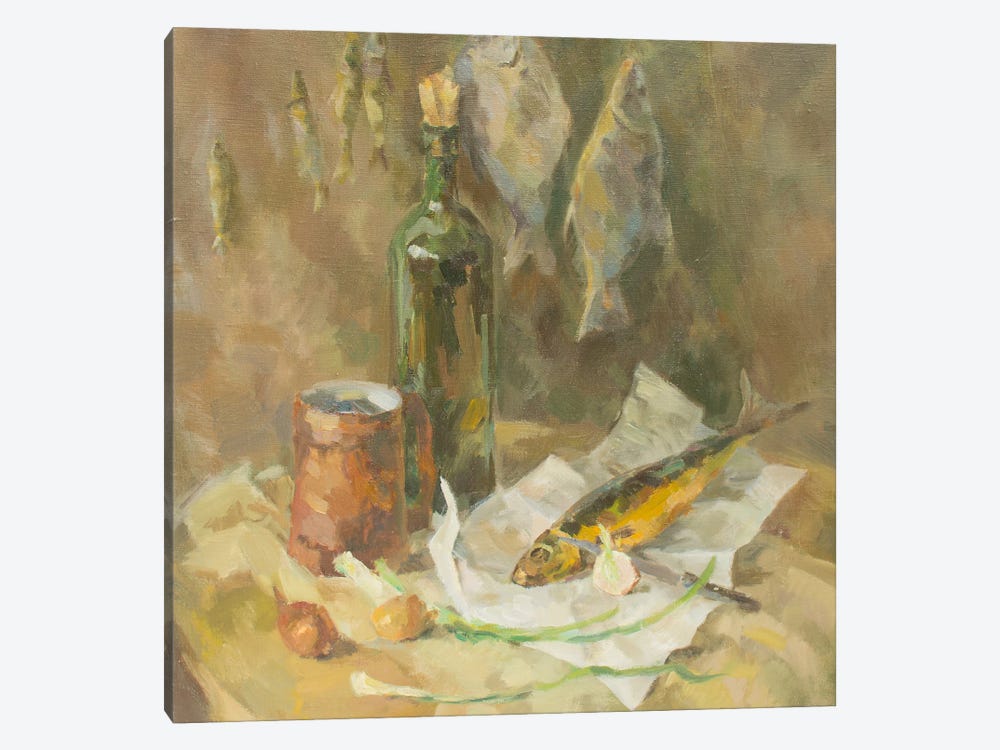 Smoked Fish And Bottle Of Wine Still-Life by CountessArt 1-piece Canvas Artwork