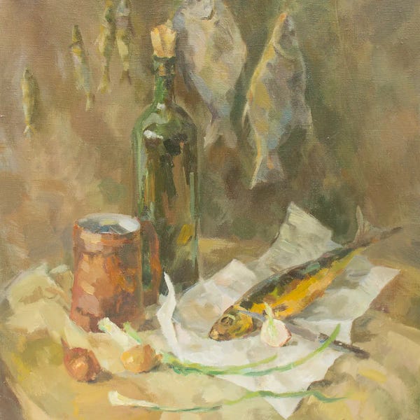 CountessArt: Smoked Fish And Bottle Of Wine Still-Life by CountessArt