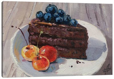 Piece Of Cake With Cherries Canvas Art Print - Cake & Cupcake Art