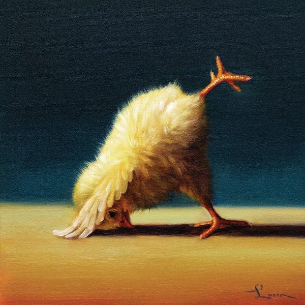 Chickens & Roosters: Downward Dog Split (Yoga Chick) by Lucia Heffernan