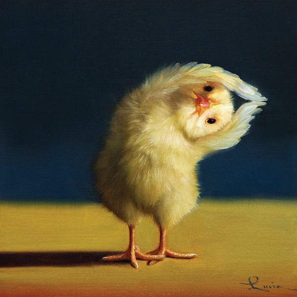 Chickens & Roosters: Yoga Chick Half Moon by Lucia Heffernan
