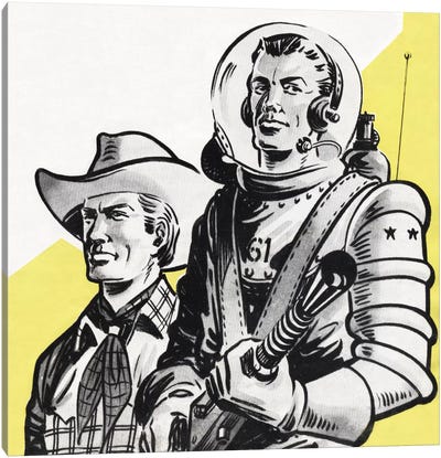 Astronauts And Cowboys Canvas Art Print - Cowboy & Cowgirl Art