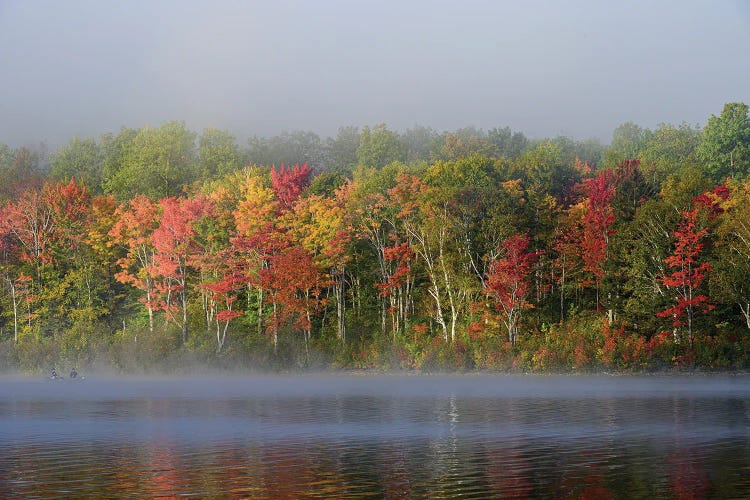 USA, Maine. Two Canoeists Paddle In The Fog, Baxter State Park