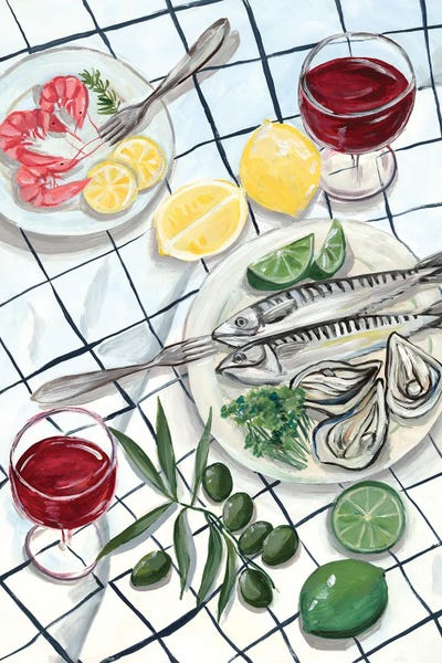 Seaside Feast On Checkered Tablecloth