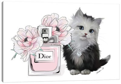 Cute Kitten And Perfume Bloom Canvas Art Print - Heather Grey