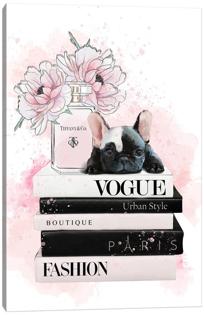 Frenchie In Pink Watercolor Canvas Art Print - Heather Grey