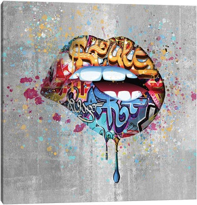 Graffiti Lips Canvas Art Print - Heather Grey