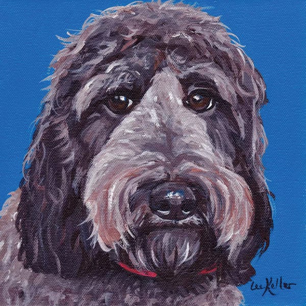 Labradoodles: Black Labradoodle On Blue by Hippie Hound Studios