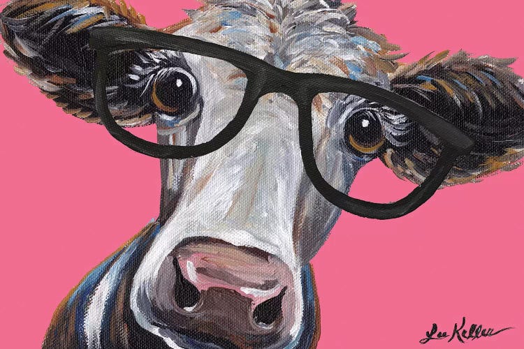 Cora The Cow With Glasses On Pink by Hippie Hound Studios wall art