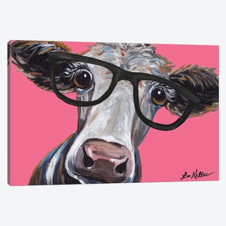 Cora The Cow With Glasses On Pink Canvas Print #HHS136} by Hippie Hound Studios Art Print