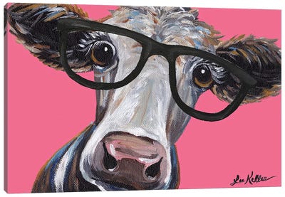 Cora The Cow With Glasses On Pink Canvas Art Print - Hippie Hound Studios