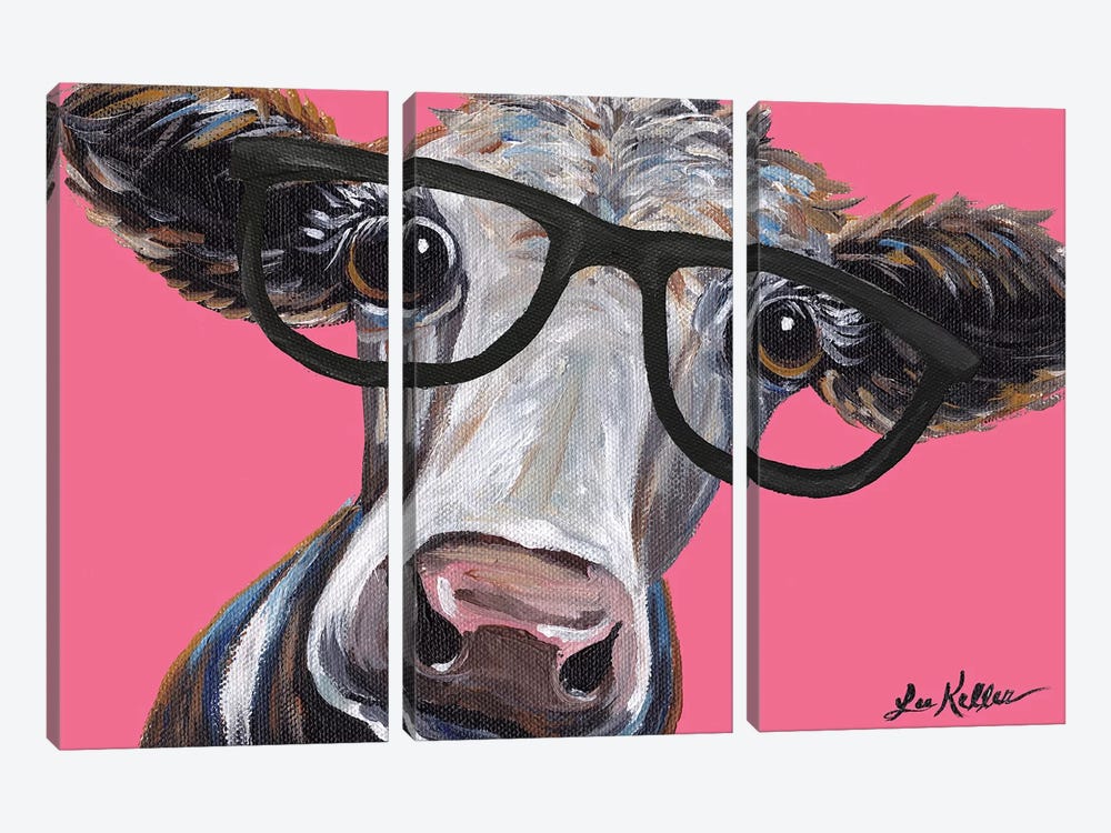 Cora The Cow With Glasses On Pink by Hippie Hound Studios 3-piece Art Print