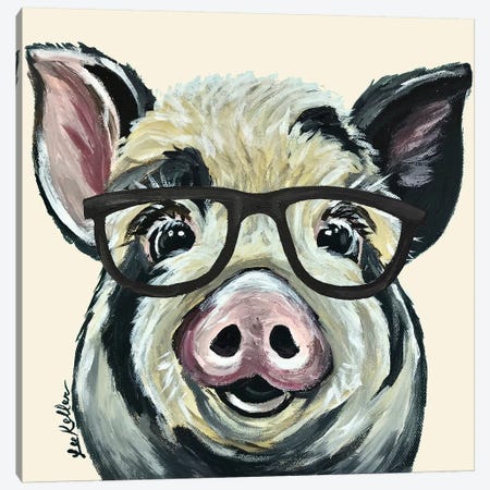 Sarge The Pig With Glasses On Cream Canvas Print #HHS150} by Hippie Hound Studios Canvas Art