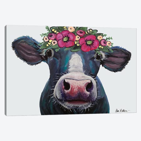 Cow - Clara Belle With Flower Crown On Gray Canvas Print #HHS246} by Hippie Hound Studios Canvas Print