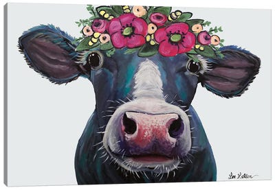 Cow - Clara Belle With Flower Crown On Gray Canvas Art Print - Hippie Hound Studios