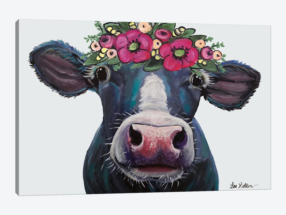 Cow - Clara Belle With Flower Crown On Gray by Hippie Hound Studios 1-piece Canvas Artwork