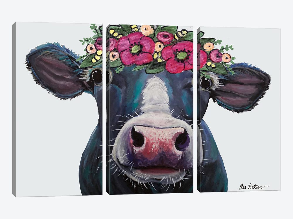 Cow - Clara Belle With Flower Crown On Gray by Hippie Hound Studios 3-piece Canvas Wall Art