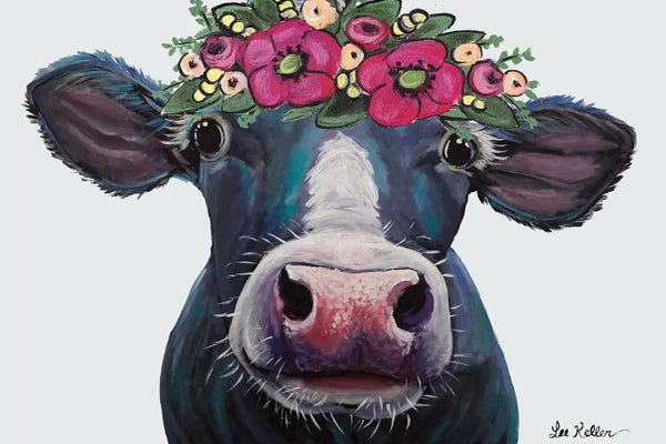 Humor: Cow - Clara Belle With Flower Crown On Gray by Hippie Hound Studios