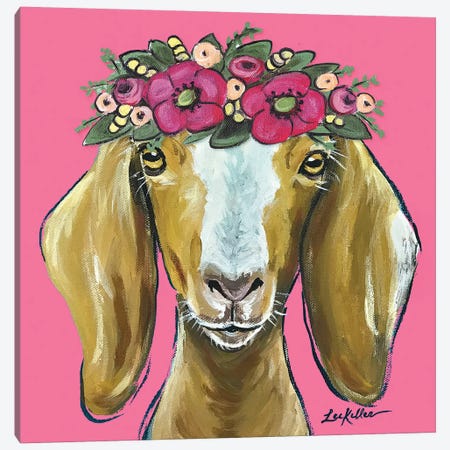 Goat  - Mandy Flower Crown On Pink Canvas Print #HHS250} by Hippie Hound Studios Canvas Print