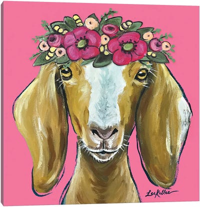 Goat  - Mandy Flower Crown On Pink Canvas Art Print - Hippie Hound Studios