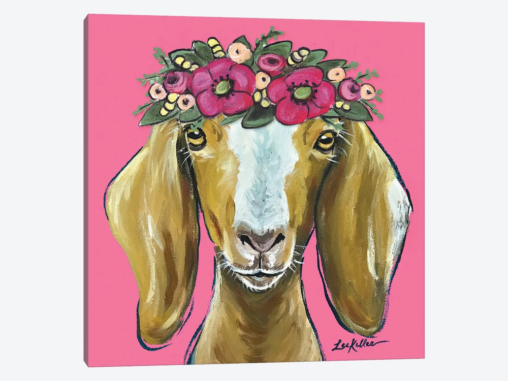 Goat  - Mandy Flower Crown On Pink by Hippie Hound Studios 1-piece Canvas Art Print