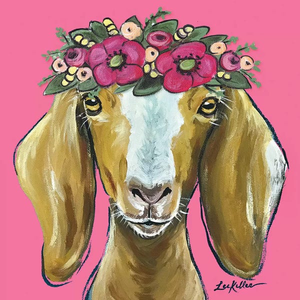 Hippie Hound Studios: Goat  - Mandy Flower Crown On Pink by Hippie Hound Studios