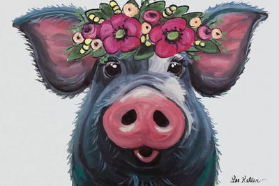 Pig - Lulu With Flower Crown by Hippie Hound Studios framed wall art